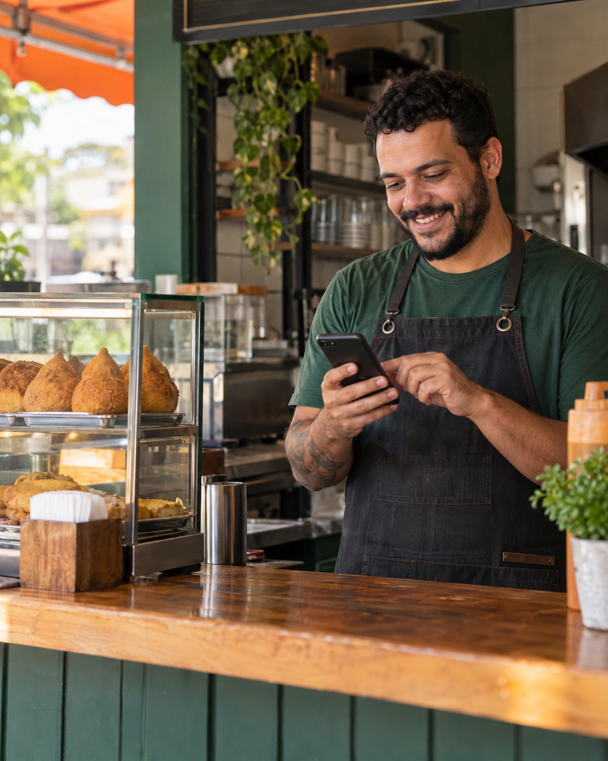 Comerciante recebendo pedidos pelo celular no balcão da lanchonete